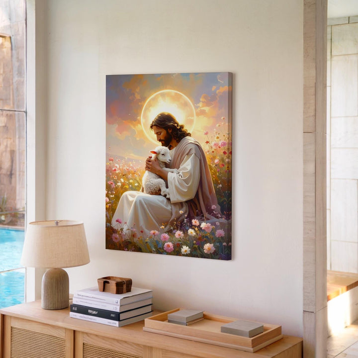 Jesus Holding Lamb in Pink Field Canvas – Peaceful Christian Wall Art of Divine Love and Guardianship - Gifitto