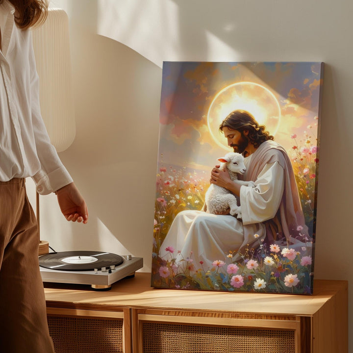 Jesus Holding Lamb in Pink Field Canvas – Peaceful Christian Wall Art of Divine Love and Guardianship - Gifitto