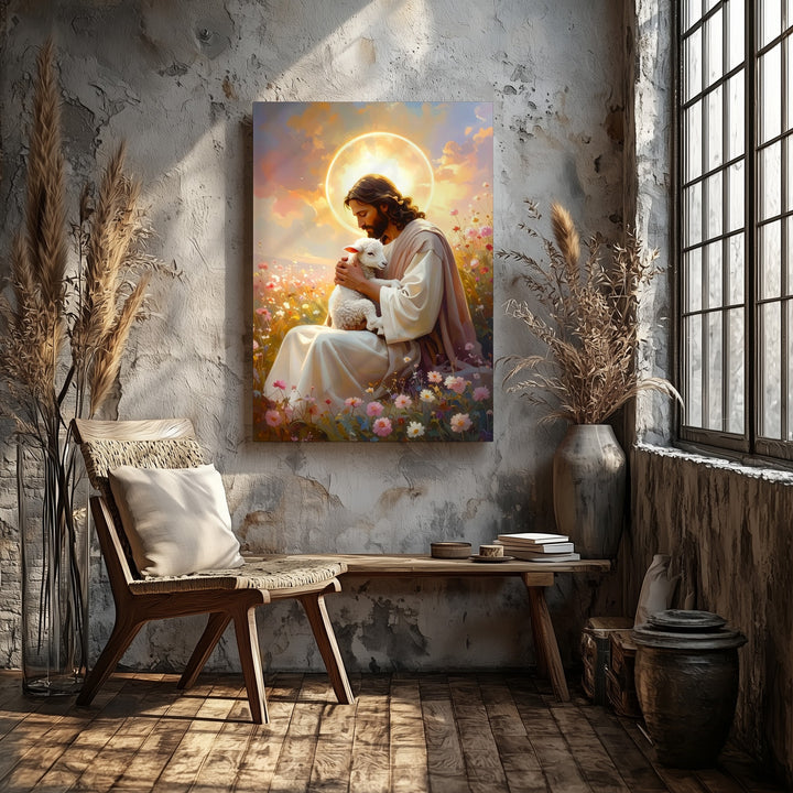 Jesus Holding Lamb in Pink Field Canvas – Peaceful Christian Wall Art of Divine Love and Guardianship - Gifitto