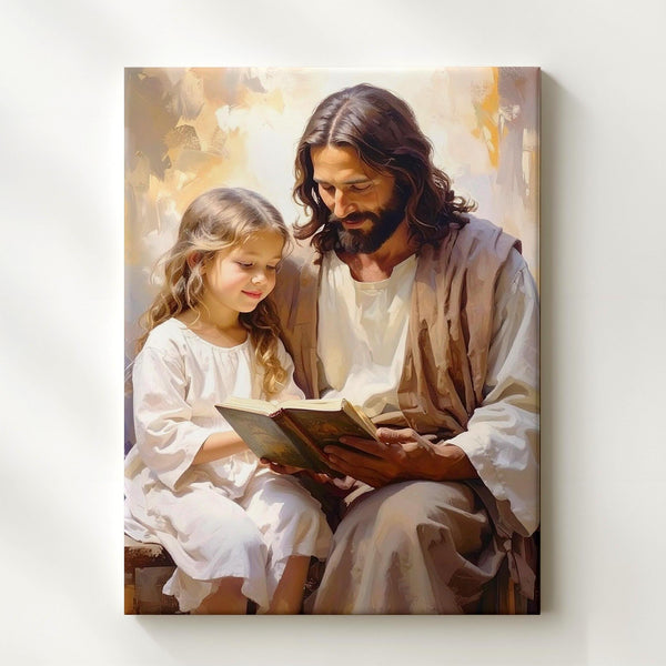 Jesus Reading with Girl Canvas – Tender Christian Wall Art of Divine Teaching and Companionship - Gifitto
