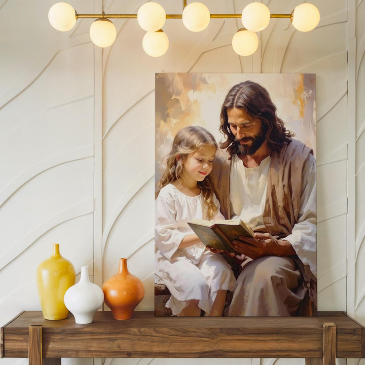 Jesus Reading with Girl Canvas – Tender Christian Wall Art of Divine Teaching and Companionship - Gifitto