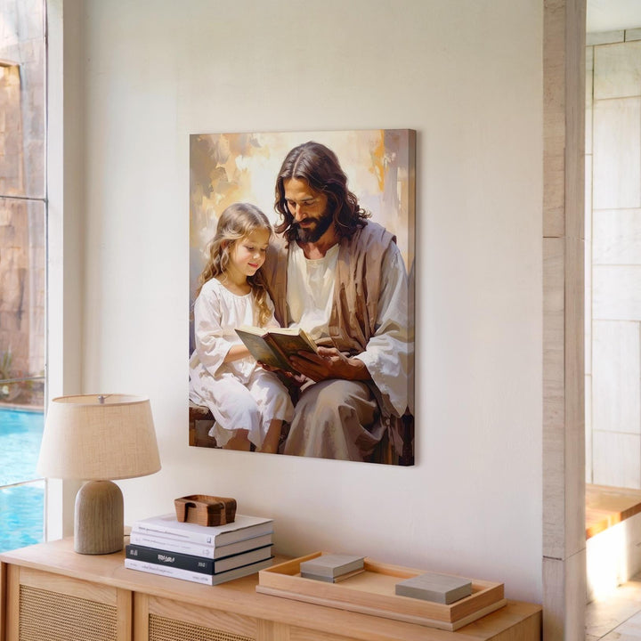Jesus Reading with Girl Canvas – Tender Christian Wall Art of Divine Teaching and Companionship - Gifitto