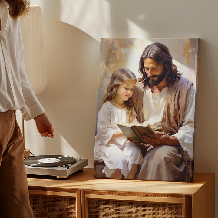 Jesus Reading with Girl Canvas – Tender Christian Wall Art of Divine Teaching and Companionship - Gifitto
