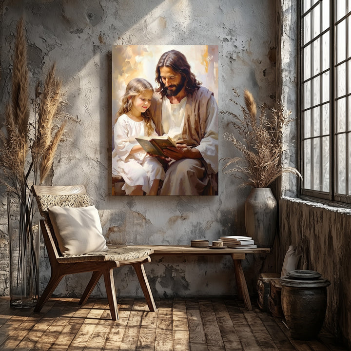 Jesus Reading with Girl Canvas – Tender Christian Wall Art of Divine Teaching and Companionship - Gifitto