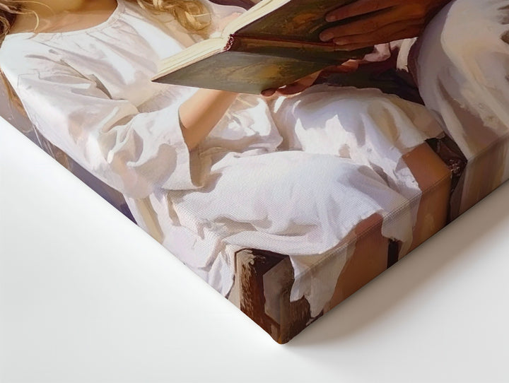 Jesus Reading with Girl Canvas – Tender Christian Wall Art of Divine Teaching and Companionship - Gifitto