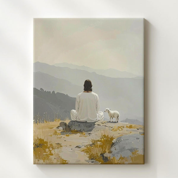 Jesus Seated with Lamb Canvas – Minimalist Christian Wall Art of Divine Solitude and Protection - Gifitto