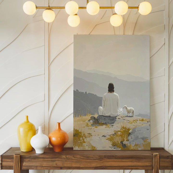Jesus Seated with Lamb Canvas – Minimalist Christian Wall Art of Divine Solitude and Protection - Gifitto