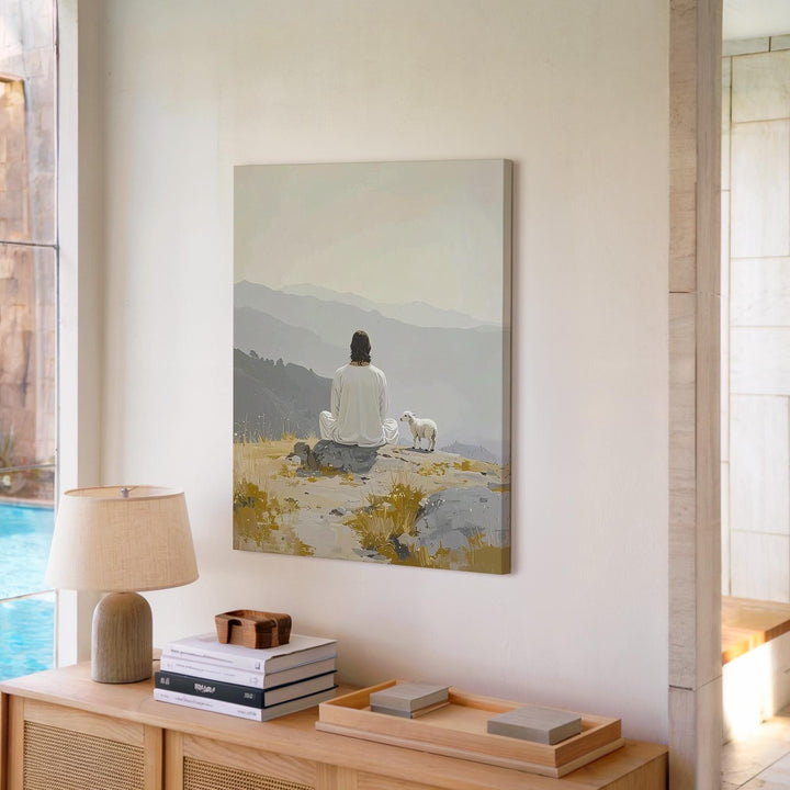 Jesus Seated with Lamb Canvas – Minimalist Christian Wall Art of Divine Solitude and Protection - Gifitto