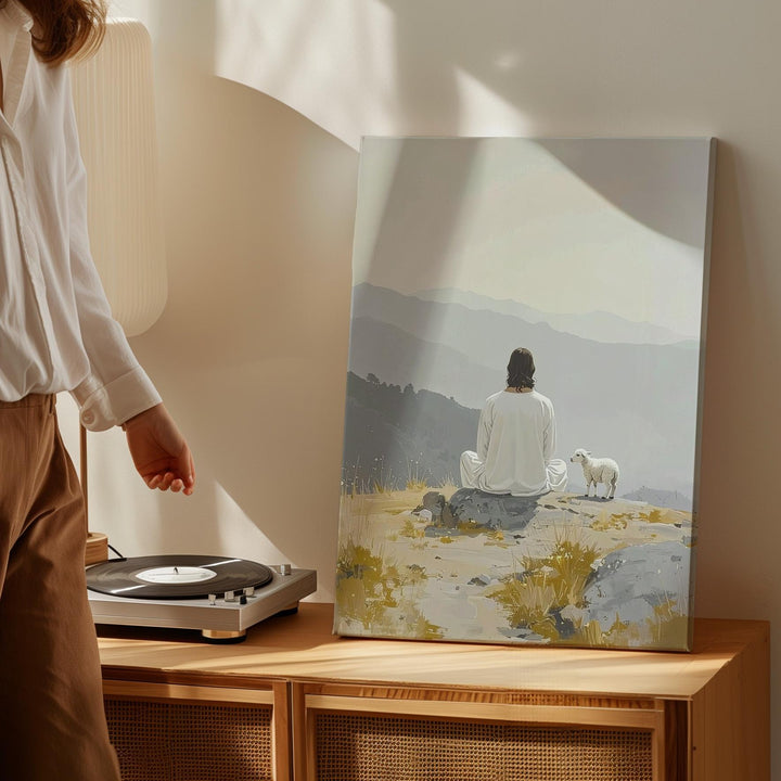 Jesus Seated with Lamb Canvas – Minimalist Christian Wall Art of Divine Solitude and Protection - Gifitto