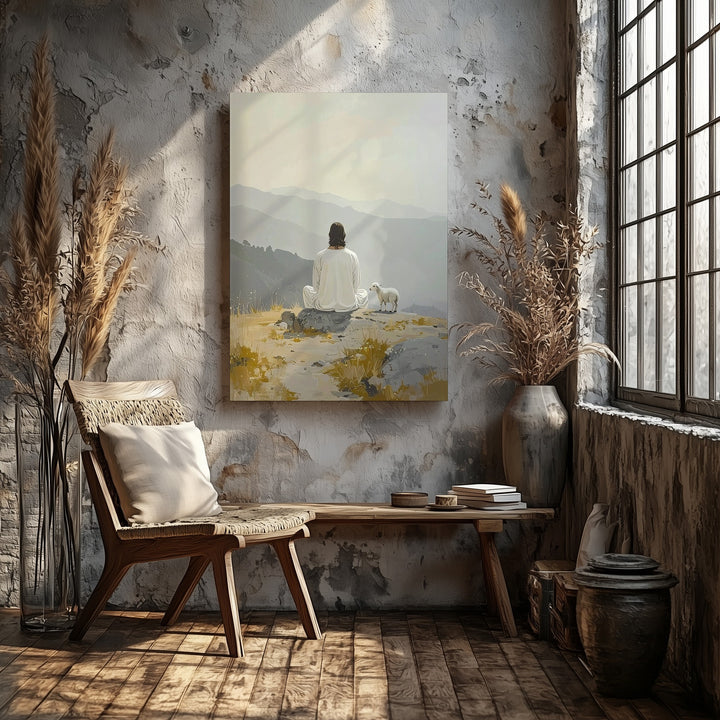 Jesus Seated with Lamb Canvas – Minimalist Christian Wall Art of Divine Solitude and Protection - Gifitto