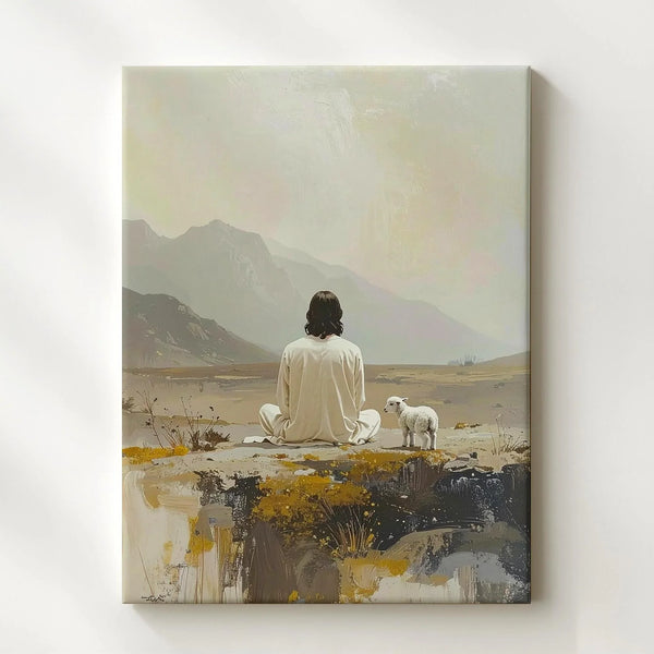Jesus and Lamb in Solitude Canvas – Minimalist Christian Wall Art of Peace and Reflection - Gifitto