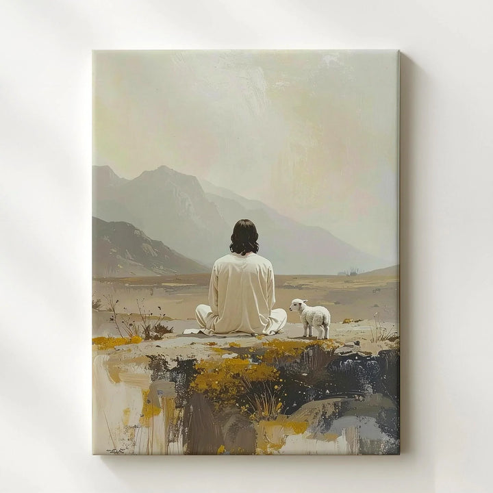 Jesus and Lamb in Solitude Canvas – Minimalist Christian Wall Art of Peace and Reflection - Gifitto
