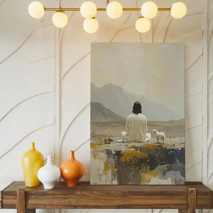 Jesus and Lamb in Solitude Canvas – Minimalist Christian Wall Art of Peace and Reflection - Gifitto