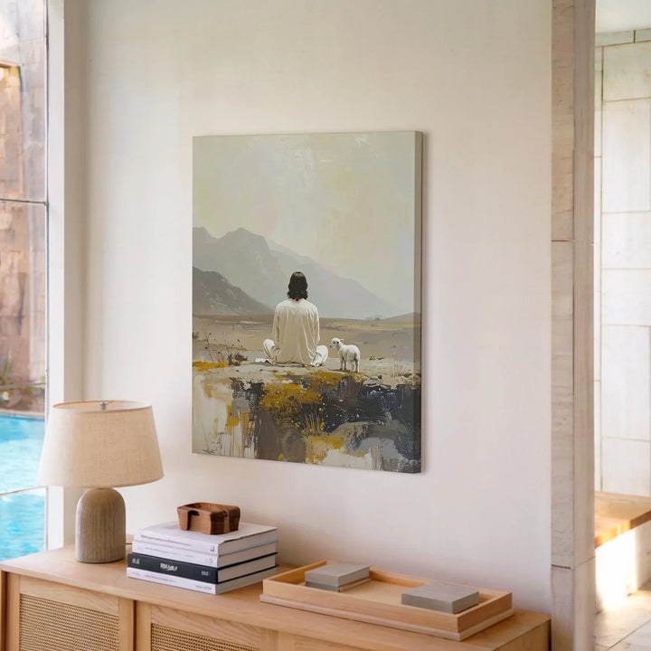 Jesus and Lamb in Solitude Canvas – Minimalist Christian Wall Art of Peace and Reflection - Gifitto