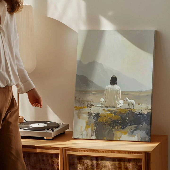 Jesus and Lamb in Solitude Canvas – Minimalist Christian Wall Art of Peace and Reflection - Gifitto