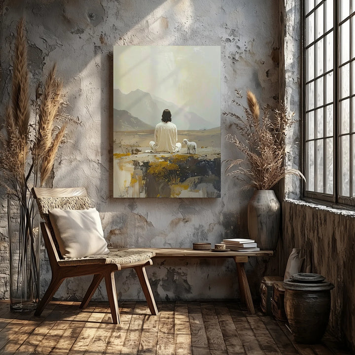 Jesus and Lamb in Solitude Canvas – Minimalist Christian Wall Art of Peace and Reflection - Gifitto