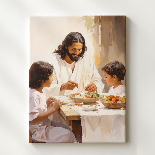 Jesus Sharing Meal with Children Canvas – Tender Christian Wall Art of Sacred Nourishment and Joy - Gifitto