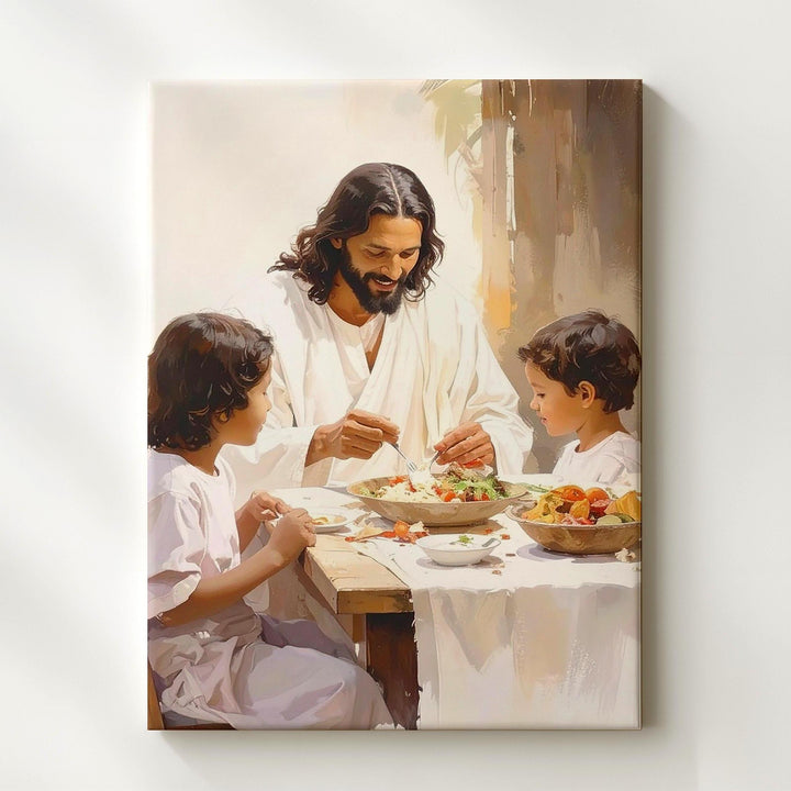 Jesus Sharing Meal with Children Canvas – Tender Christian Wall Art of Sacred Nourishment and Joy - Gifitto