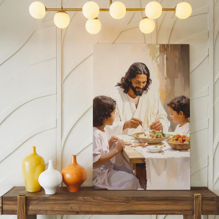 Jesus Sharing Meal with Children Canvas – Tender Christian Wall Art of Sacred Nourishment and Joy - Gifitto