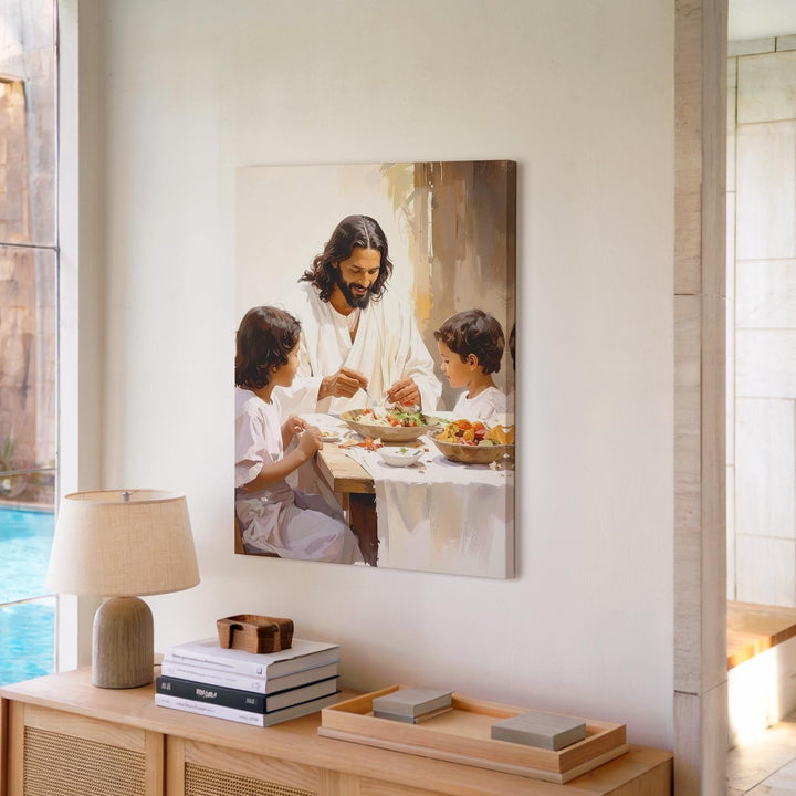 Jesus Sharing Meal with Children Canvas – Tender Christian Wall Art of Sacred Nourishment and Joy - Gifitto