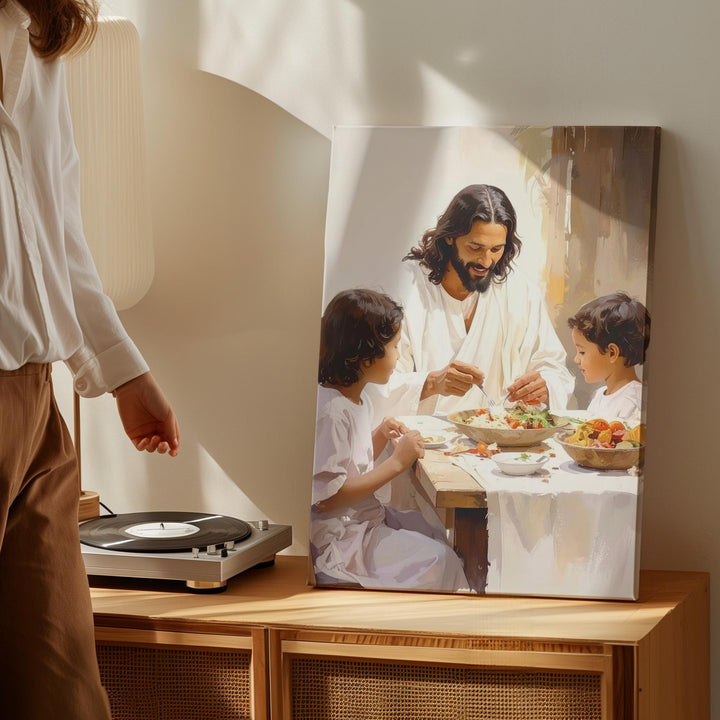 Jesus Sharing Meal with Children Canvas – Tender Christian Wall Art of Sacred Nourishment and Joy - Gifitto