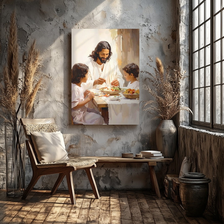 Jesus Sharing Meal with Children Canvas – Tender Christian Wall Art of Sacred Nourishment and Joy - Gifitto