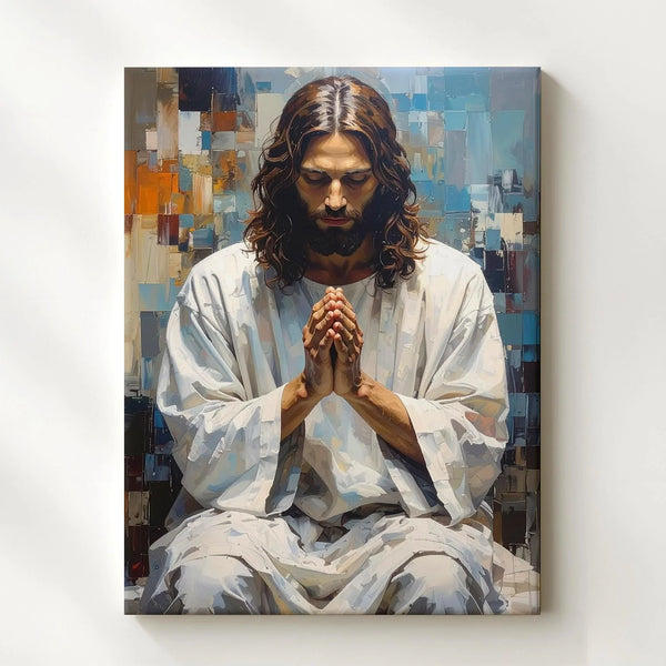 Jesus in Deep Prayer Canvas – Modern Christian Wall Art with Abstract Sacred Geometry - Gifitto