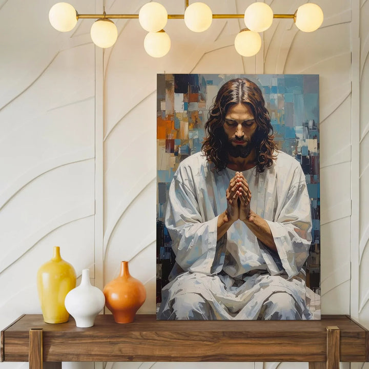 Jesus in Deep Prayer Canvas – Modern Christian Wall Art with Abstract Sacred Geometry - Gifitto