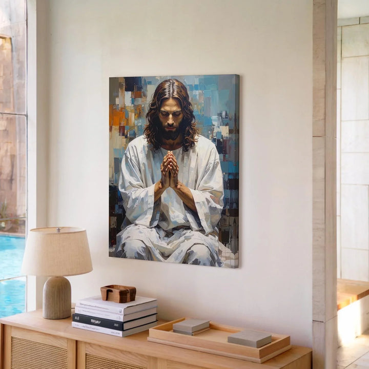 Jesus in Deep Prayer Canvas – Modern Christian Wall Art with Abstract Sacred Geometry - Gifitto