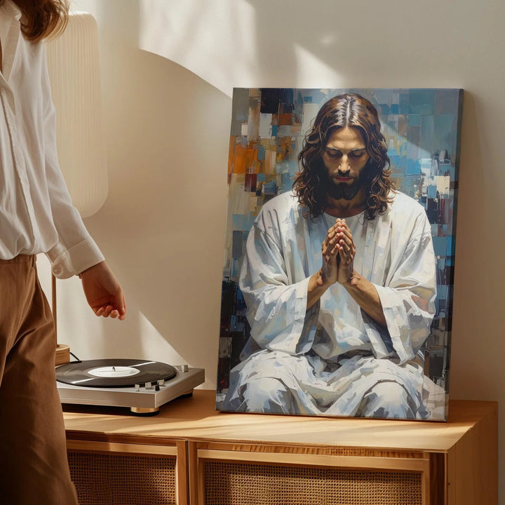 Jesus in Deep Prayer Canvas – Modern Christian Wall Art with Abstract Sacred Geometry - Gifitto