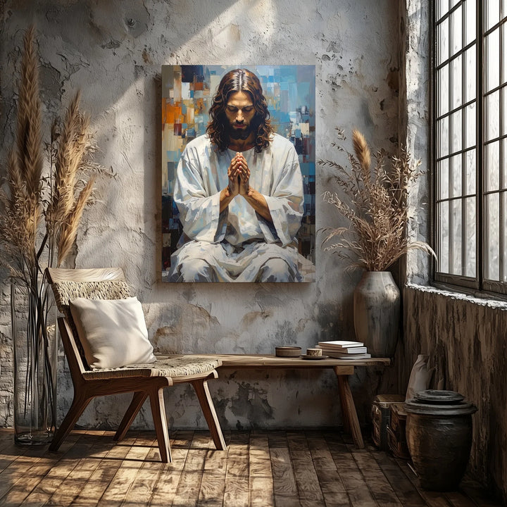 Jesus in Deep Prayer Canvas – Modern Christian Wall Art with Abstract Sacred Geometry - Gifitto