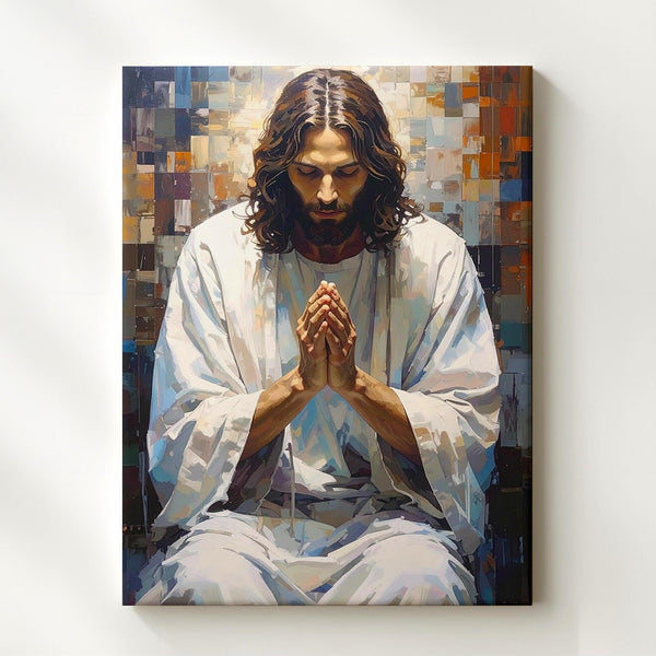 Jesus in Solemn Prayer Canvas – Minimalist Christian Wall Art of Devotion and Divine Humility - Gifitto