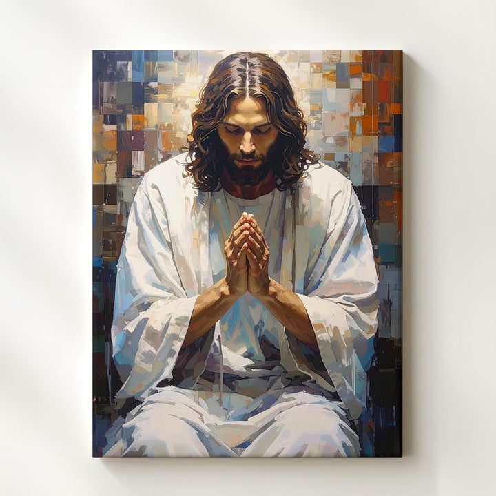 Jesus in Solemn Prayer Canvas – Minimalist Christian Wall Art of Devotion and Divine Humility - Gifitto