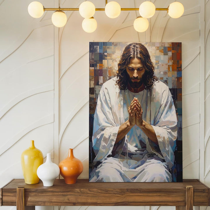 Jesus in Solemn Prayer Canvas – Minimalist Christian Wall Art of Devotion and Divine Humility - Gifitto