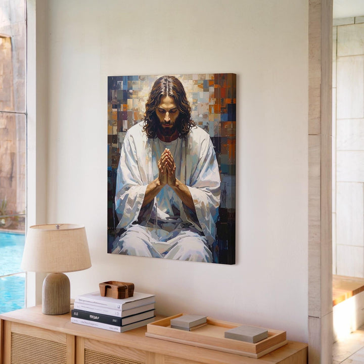 Jesus in Solemn Prayer Canvas – Minimalist Christian Wall Art of Devotion and Divine Humility - Gifitto