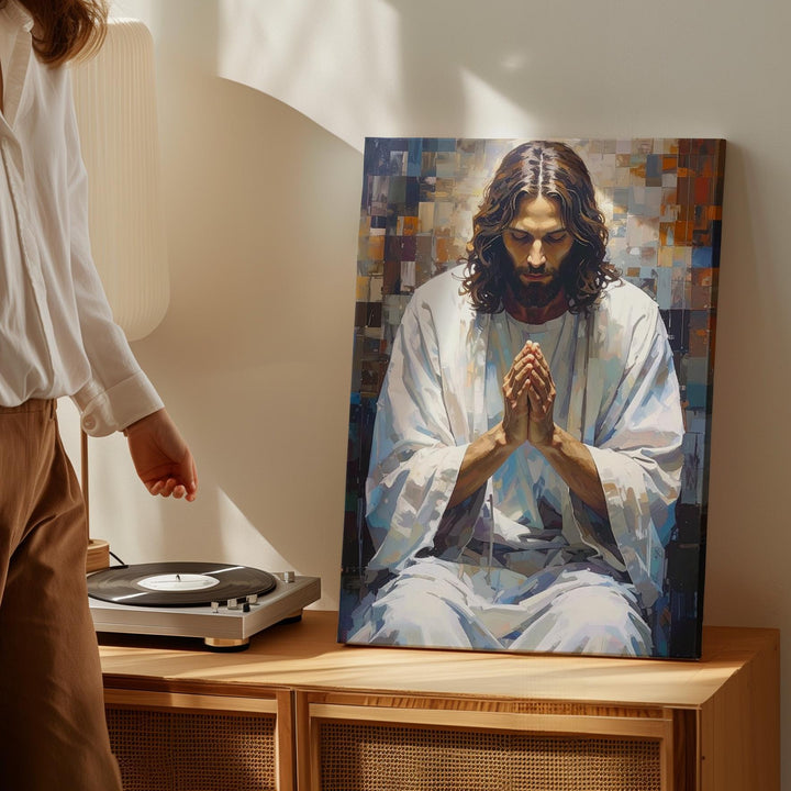 Jesus in Solemn Prayer Canvas – Minimalist Christian Wall Art of Devotion and Divine Humility - Gifitto