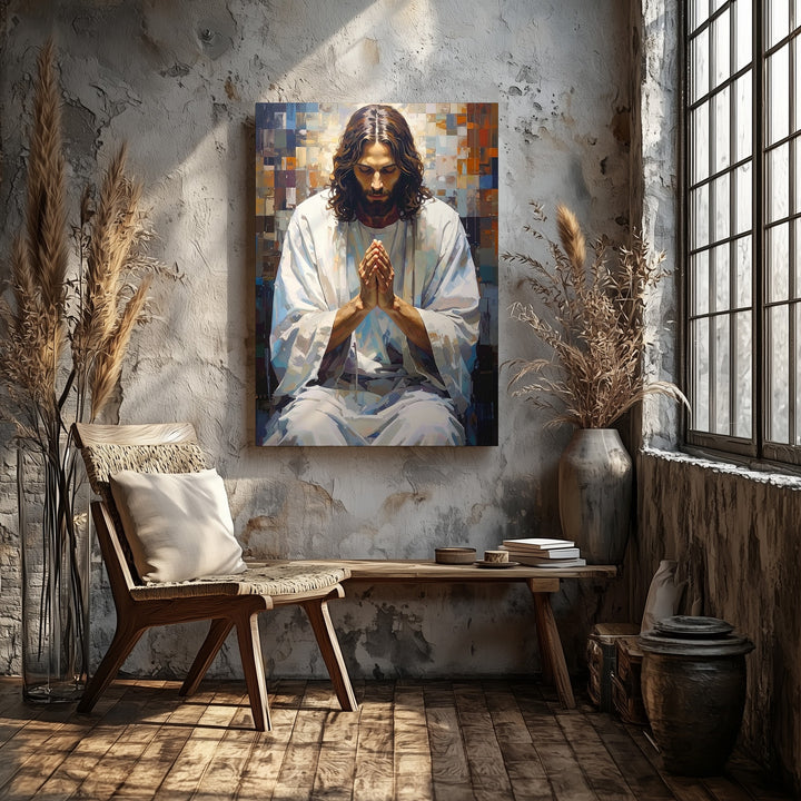 Jesus in Solemn Prayer Canvas – Minimalist Christian Wall Art of Devotion and Divine Humility - Gifitto