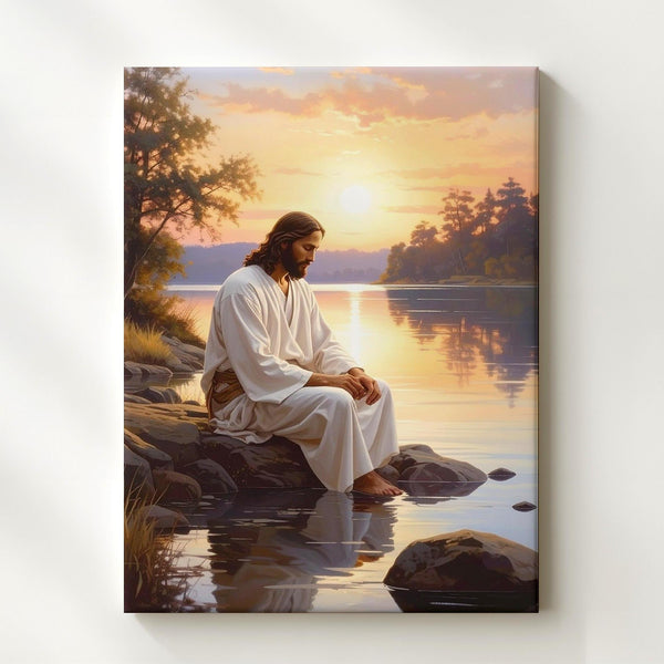 Jesus by the Lakeside Canvas – Serene Christian Wall Art of Meditation and Divine Presence - Gifitto