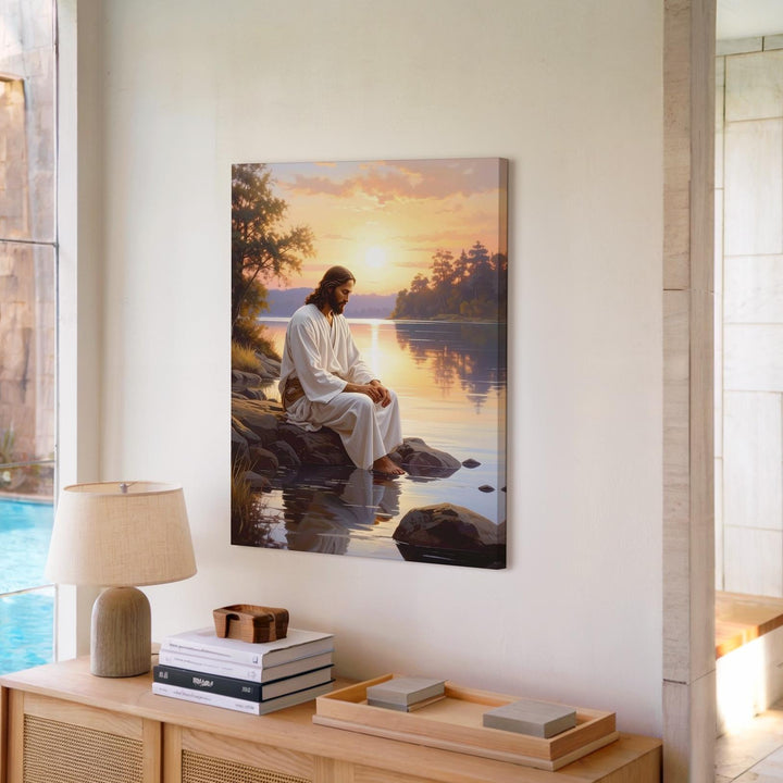 Jesus by the Lakeside Canvas – Serene Christian Wall Art of Meditation and Divine Presence - Gifitto