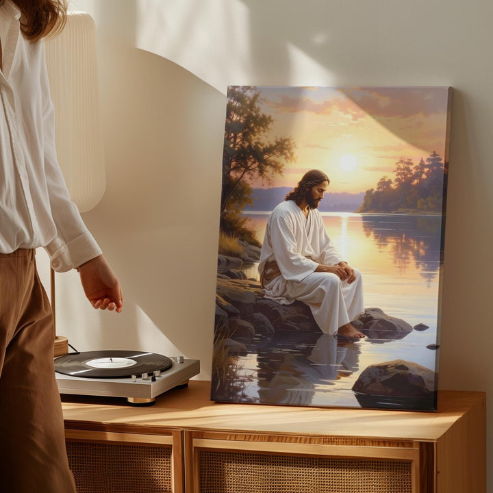 Jesus by the Lakeside Canvas – Serene Christian Wall Art of Meditation and Divine Presence - Gifitto