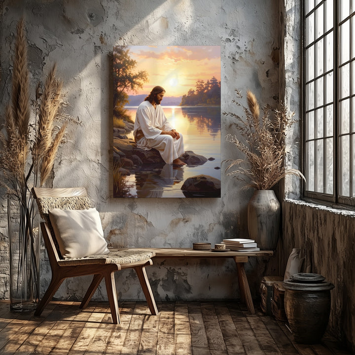 Jesus by the Lakeside Canvas – Serene Christian Wall Art of Meditation and Divine Presence - Gifitto