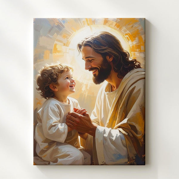 Jesus Holding Hands with Child Canvas – Joyful Christian Wall Art of Divine Love and Spiritual Connection - Gifitto