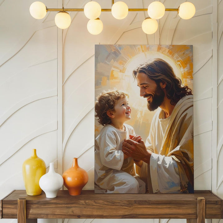 Jesus Holding Hands with Child Canvas – Joyful Christian Wall Art of Divine Love and Spiritual Connection - Gifitto