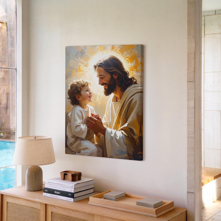 Jesus Holding Hands with Child Canvas – Joyful Christian Wall Art of Divine Love and Spiritual Connection - Gifitto