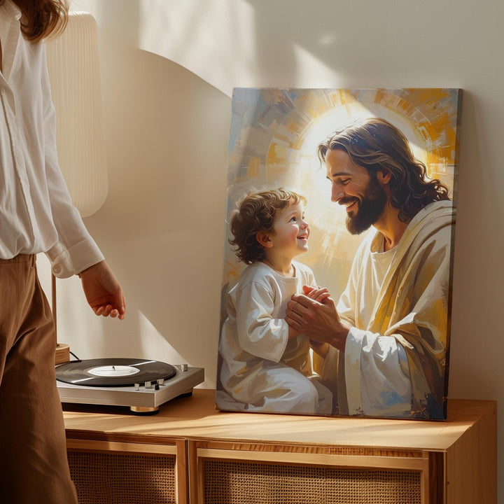 Jesus Holding Hands with Child Canvas – Joyful Christian Wall Art of Divine Love and Spiritual Connection - Gifitto