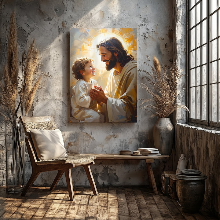 Jesus Holding Hands with Child Canvas – Joyful Christian Wall Art of Divine Love and Spiritual Connection - Gifitto