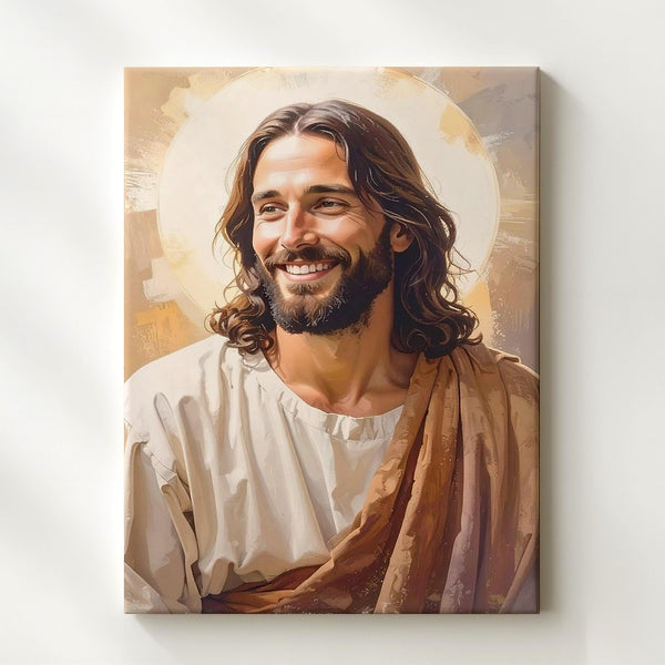 Joyful Jesus Smiling Canvas – Warm Christian Wall Art of Compassion and Divine Presence - Gifitto