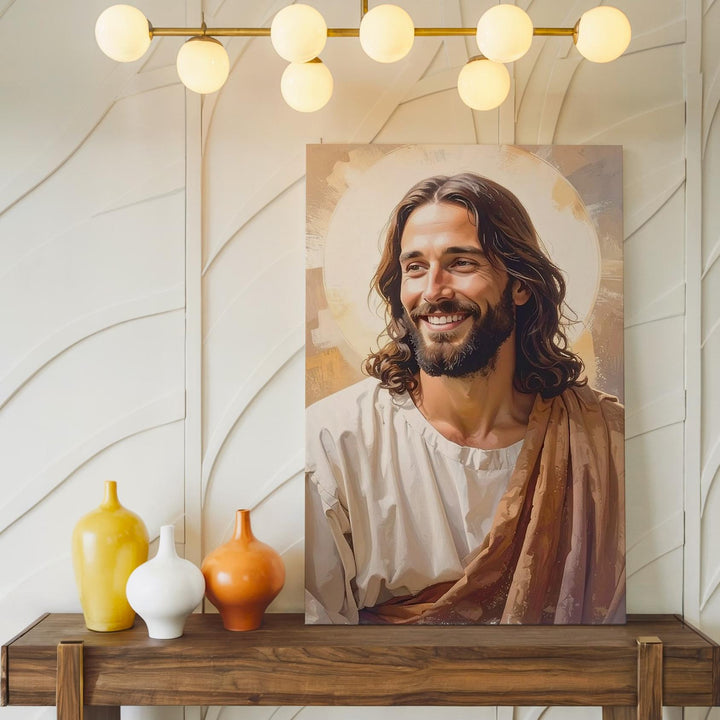 Joyful Jesus Smiling Canvas – Warm Christian Wall Art of Compassion and Divine Presence - Gifitto