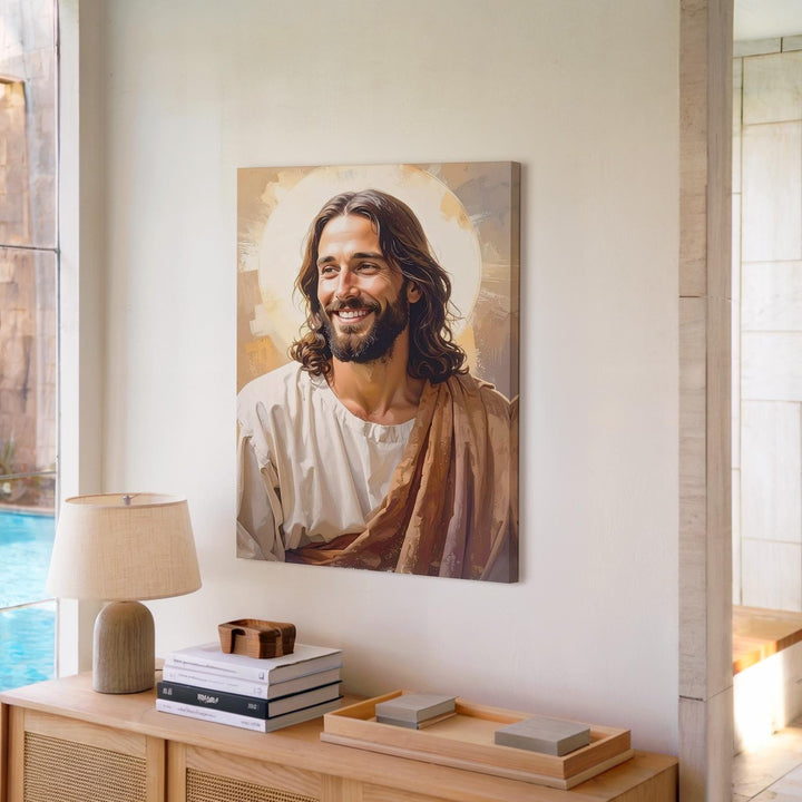 Joyful Jesus Smiling Canvas – Warm Christian Wall Art of Compassion and Divine Presence - Gifitto