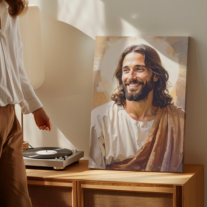 Joyful Jesus Smiling Canvas – Warm Christian Wall Art of Compassion and Divine Presence - Gifitto